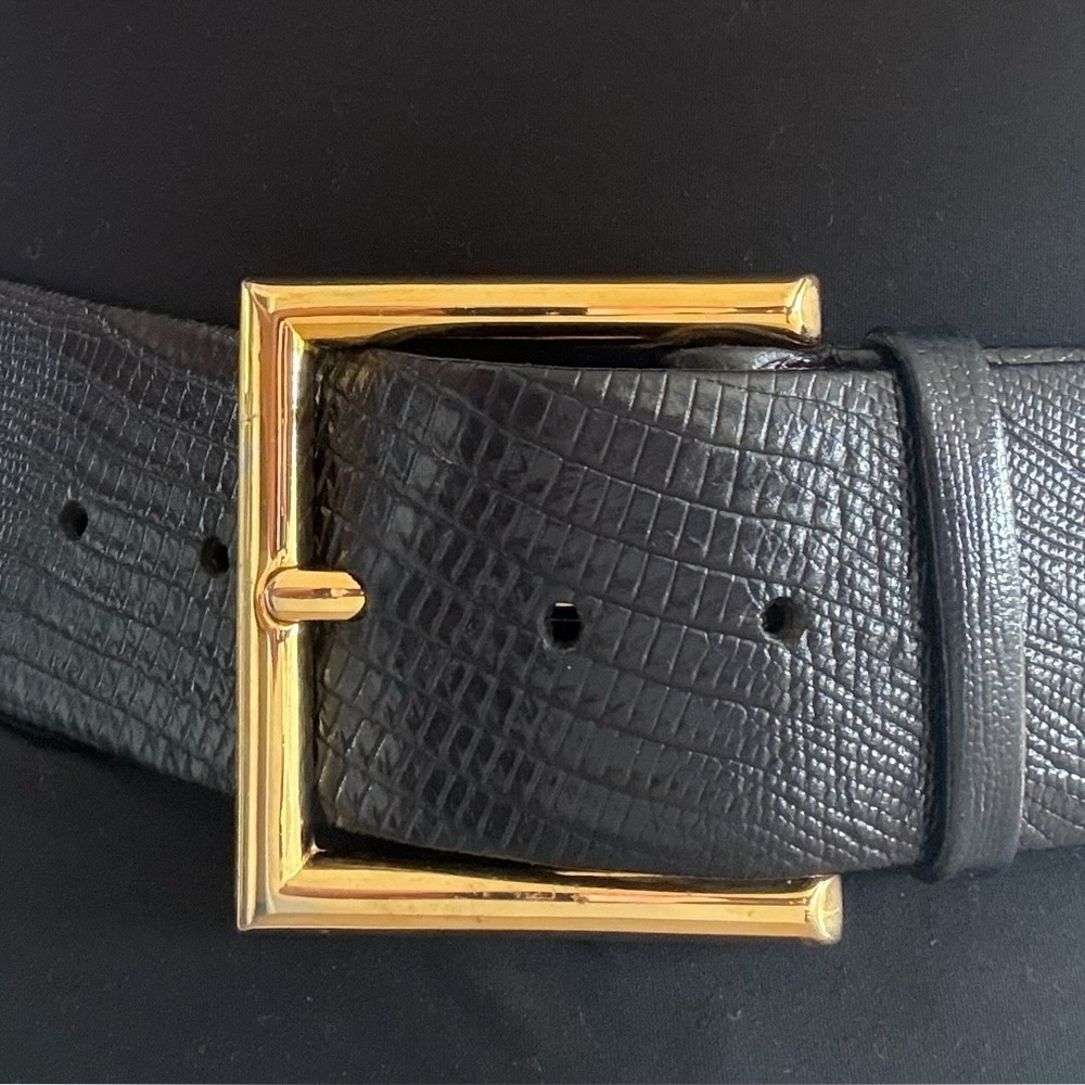 Vintage Lizard Leather Belt Black Gold Buckle Curved Waist Ralph Lauren Style - Picture 3 of 11